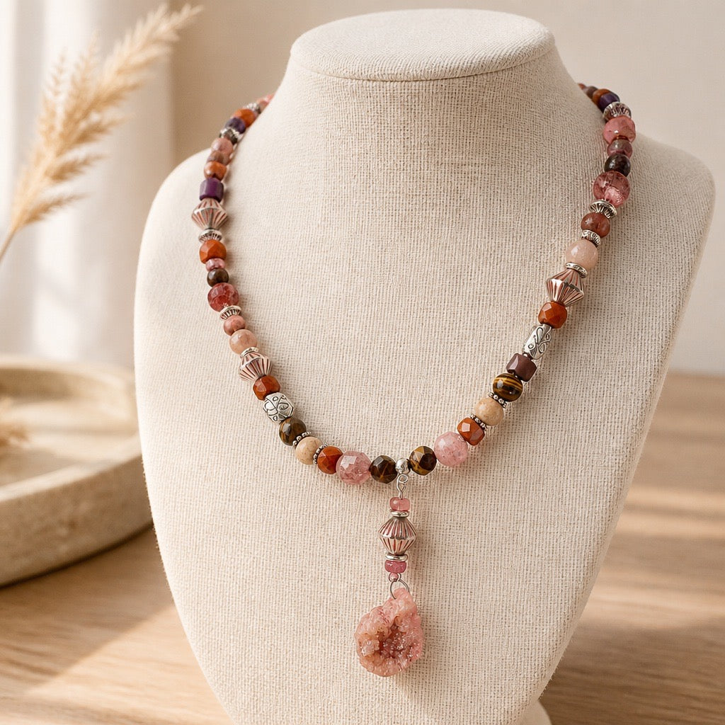 Druzy Agate Pendant Necklace: Pink Geode, Gemstone Beads
