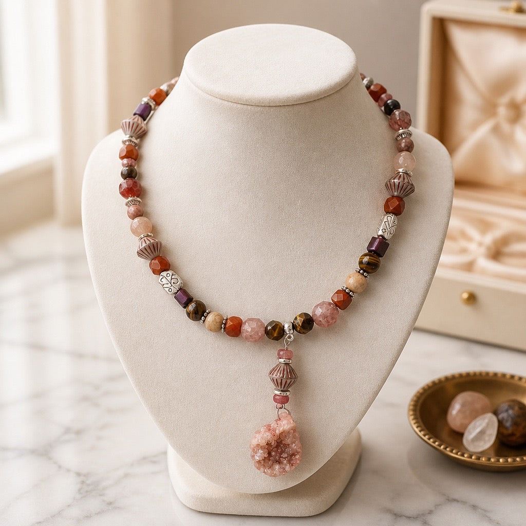 Druzy Agate Pendant Necklace: Pink Geode, Gemstone Beads