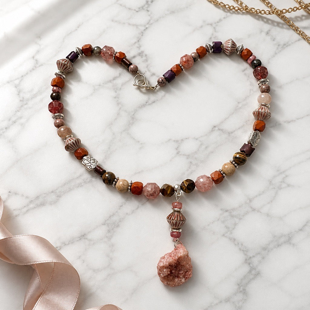 Druzy Agate Pendant Necklace: Pink Geode, Gemstone Beads