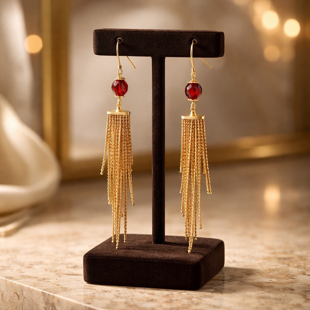 Long Carnelian Chain Tassel Earrings