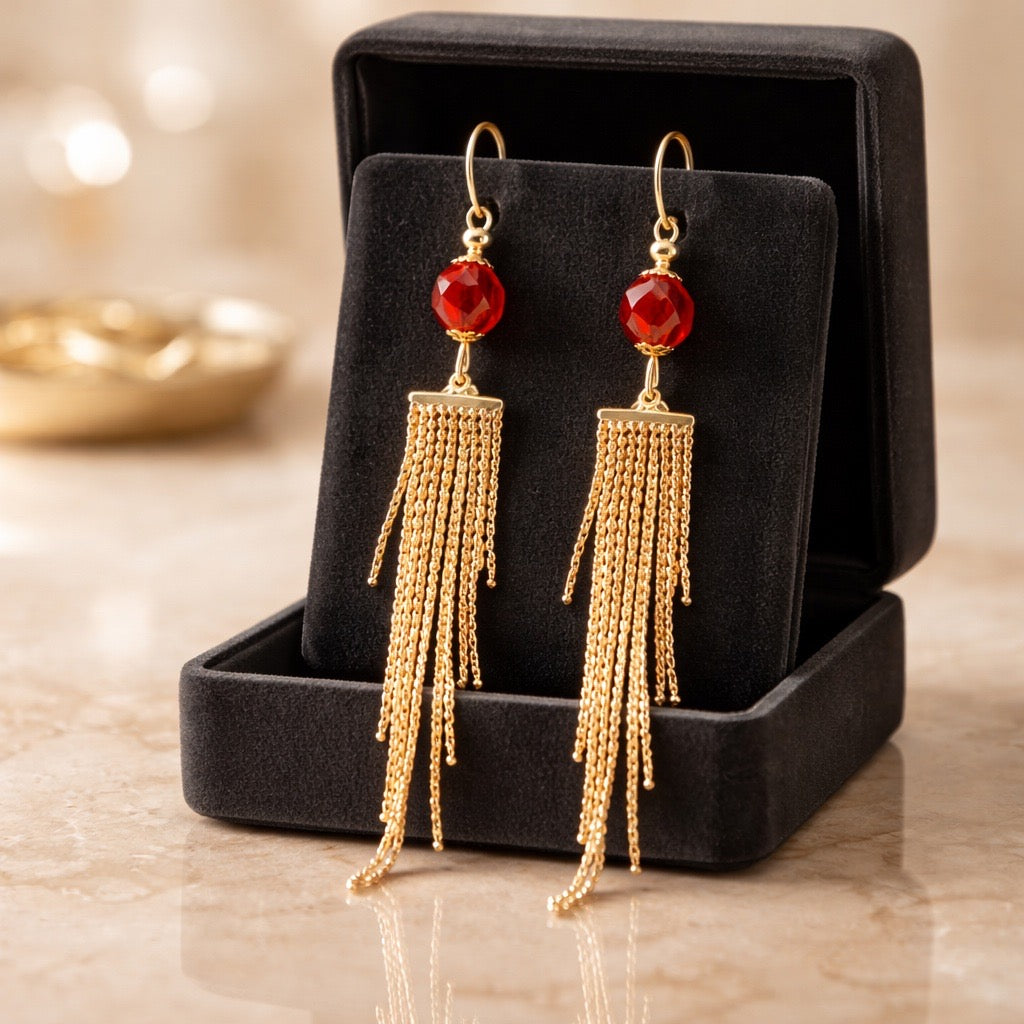 Long Carnelian Chain Tassel Earrings