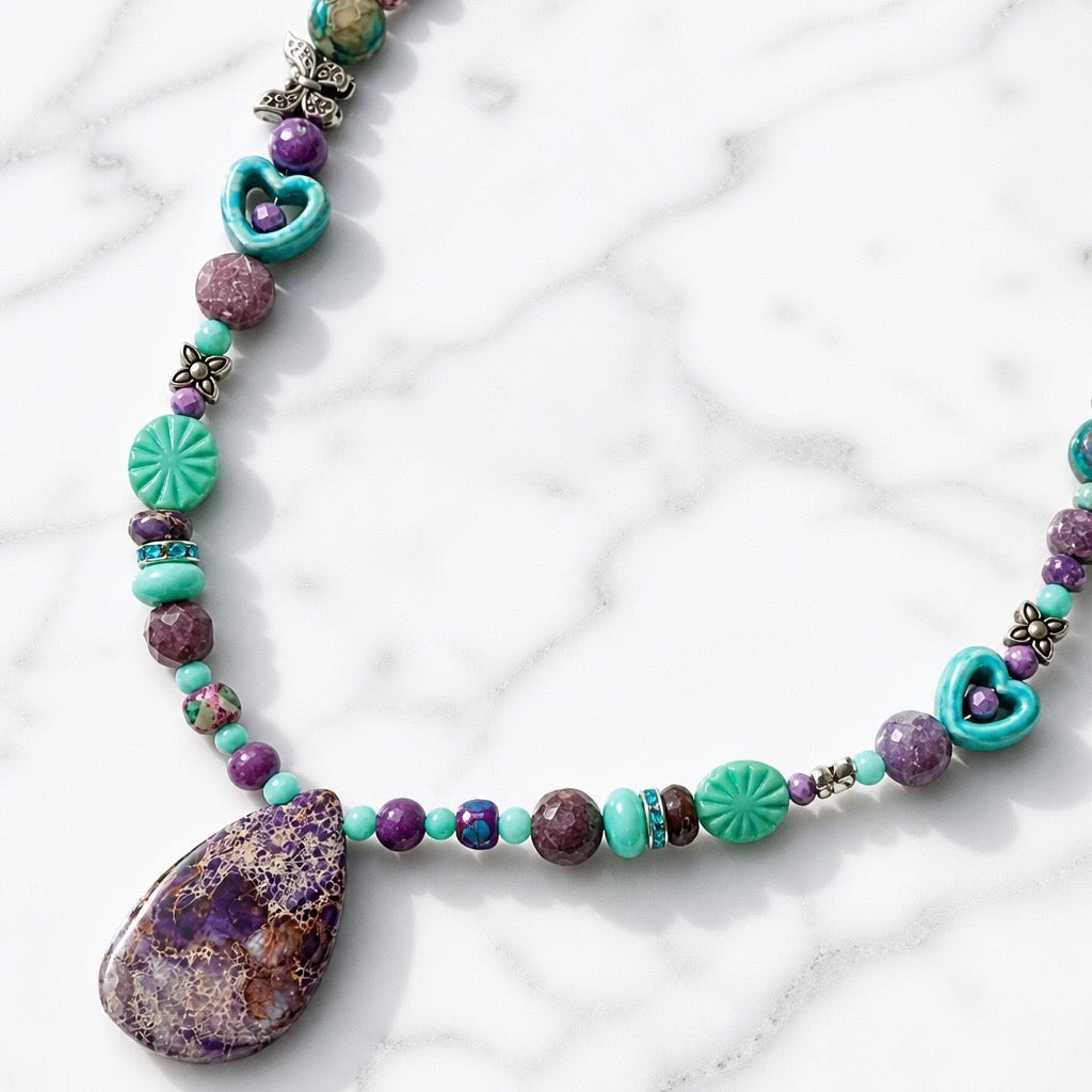 Long Beaded Gemstone Necklace