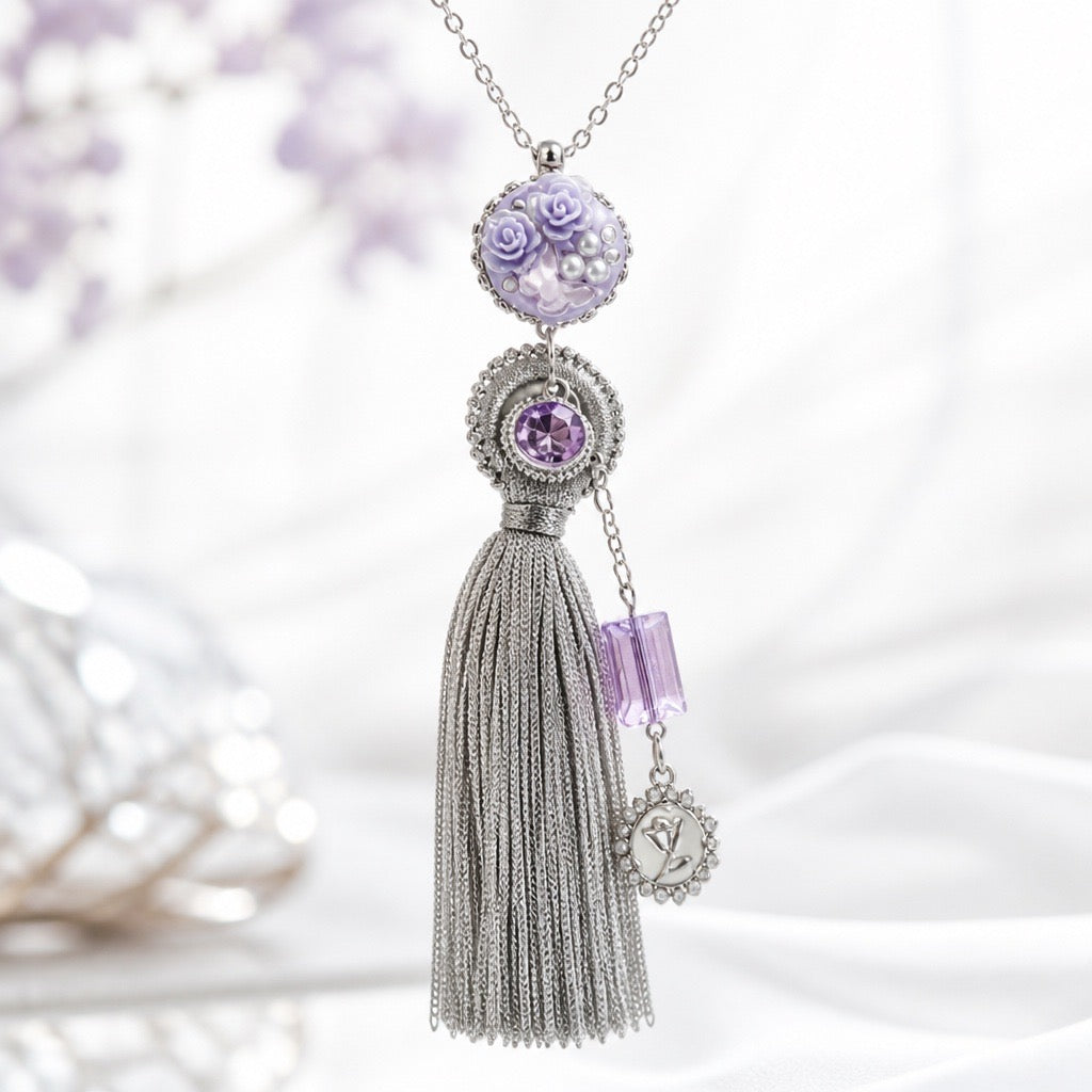 Boho Grey & Purple Tassel Necklace