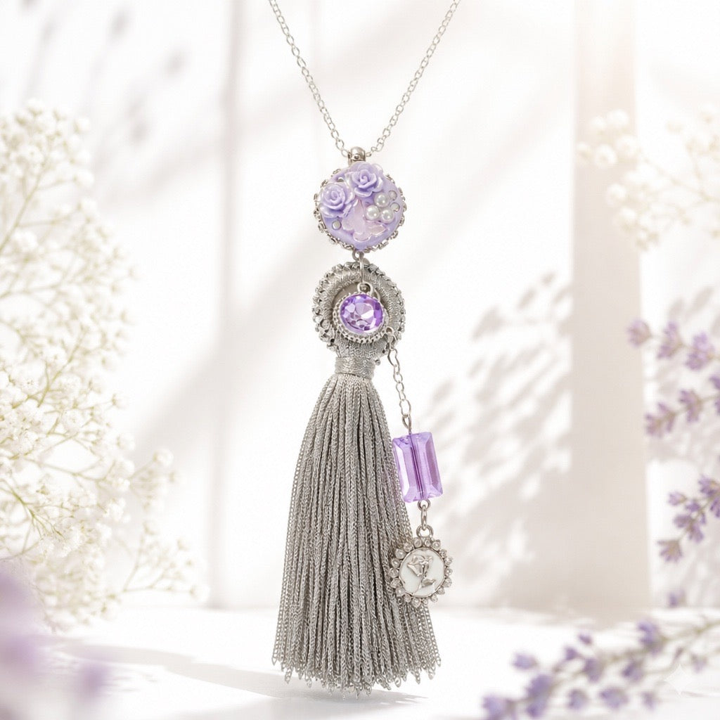 Boho Grey & Purple Tassel Necklace