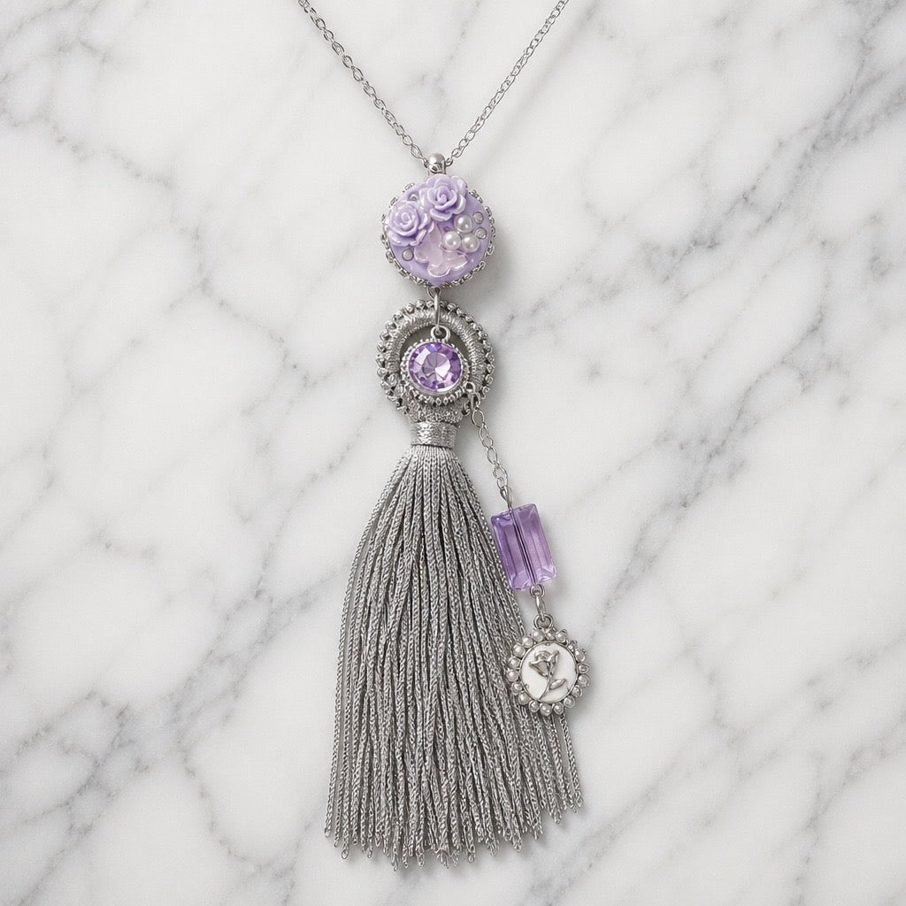 Boho Grey & Purple Tassel Necklace