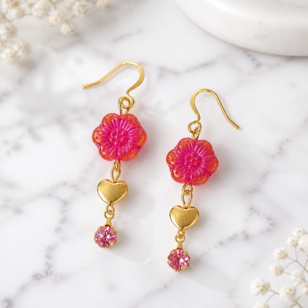 Fuchsia Cubic Zirconia Floral Earrings