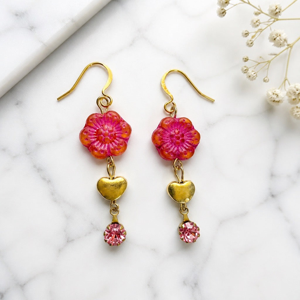 Fuchsia Cubic Zirconia Floral Earrings