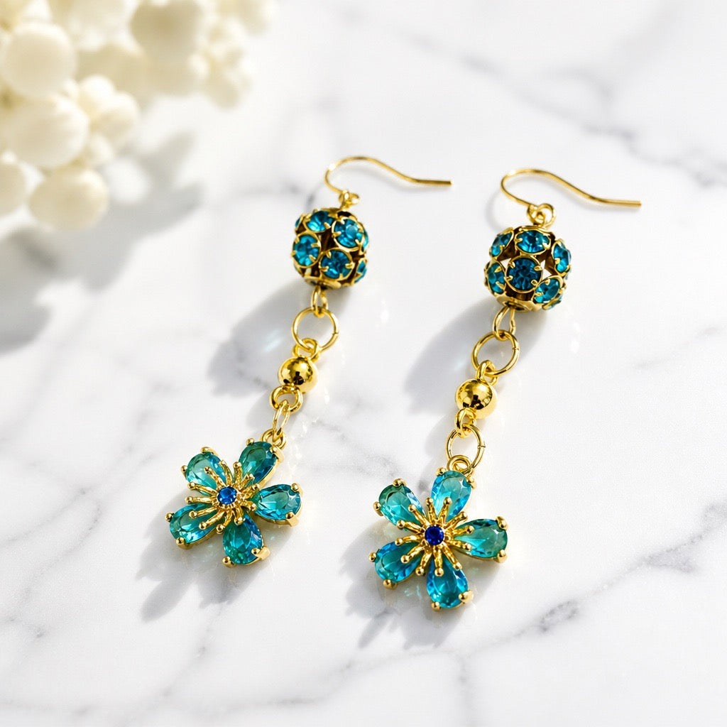 Cubic Zirconia Sparkly Flower Drop Earrings