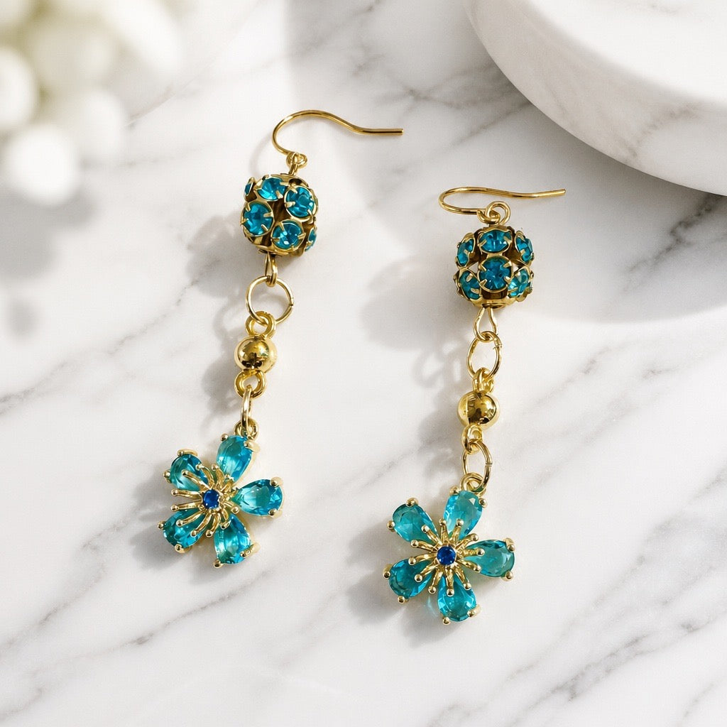 Cubic Zirconia Sparkly Flower Drop Earrings