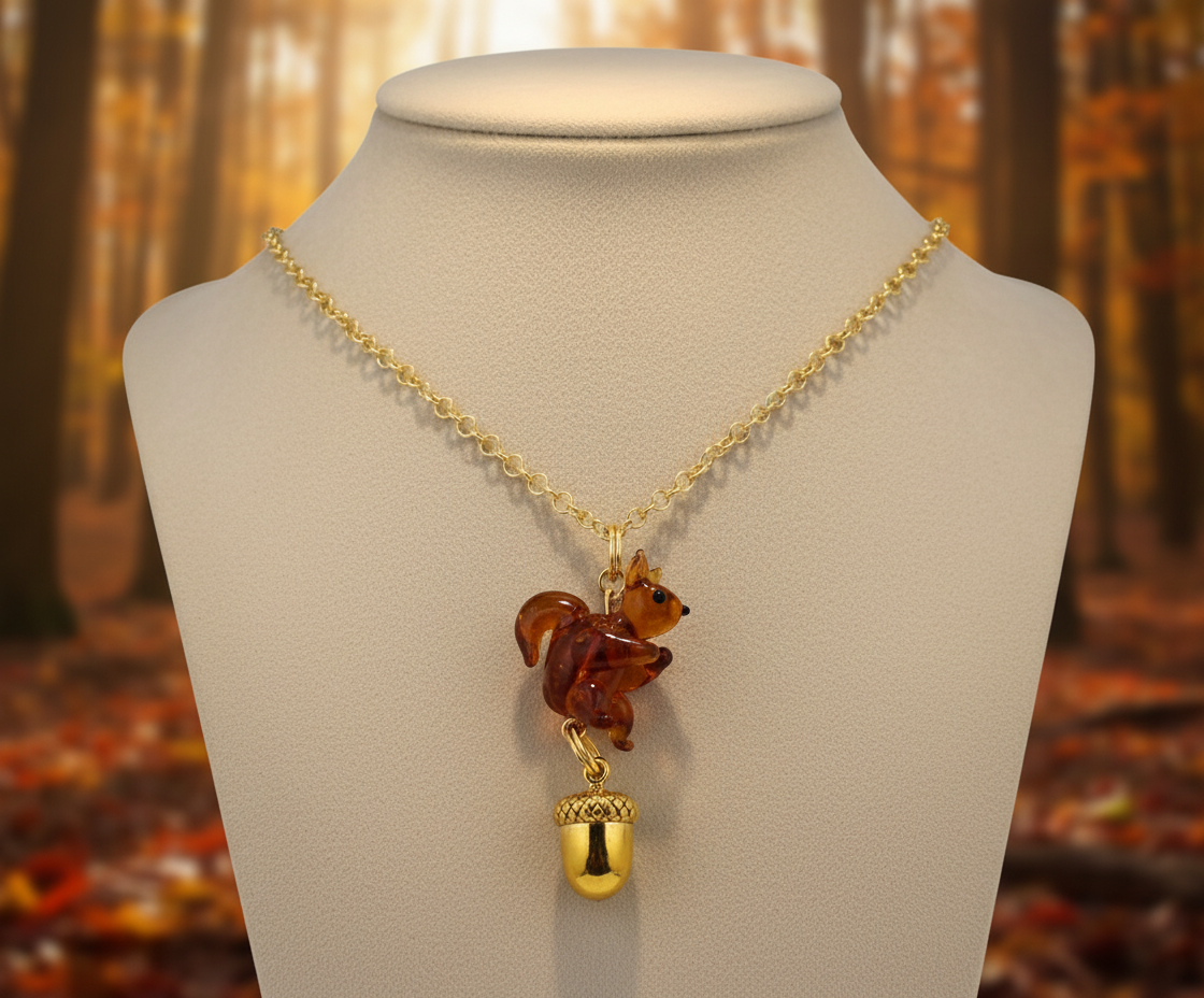 Glass Squirrel and Acorn Necklace