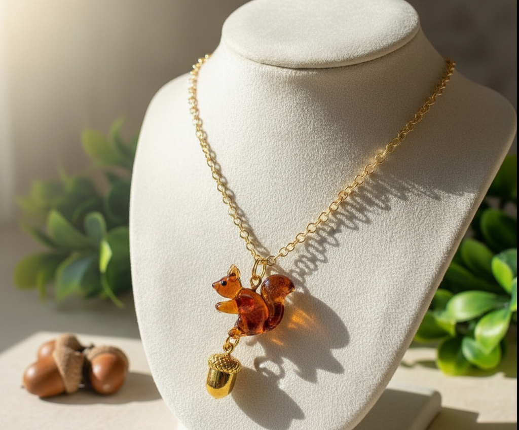 Glass Squirrel and Acorn Necklace