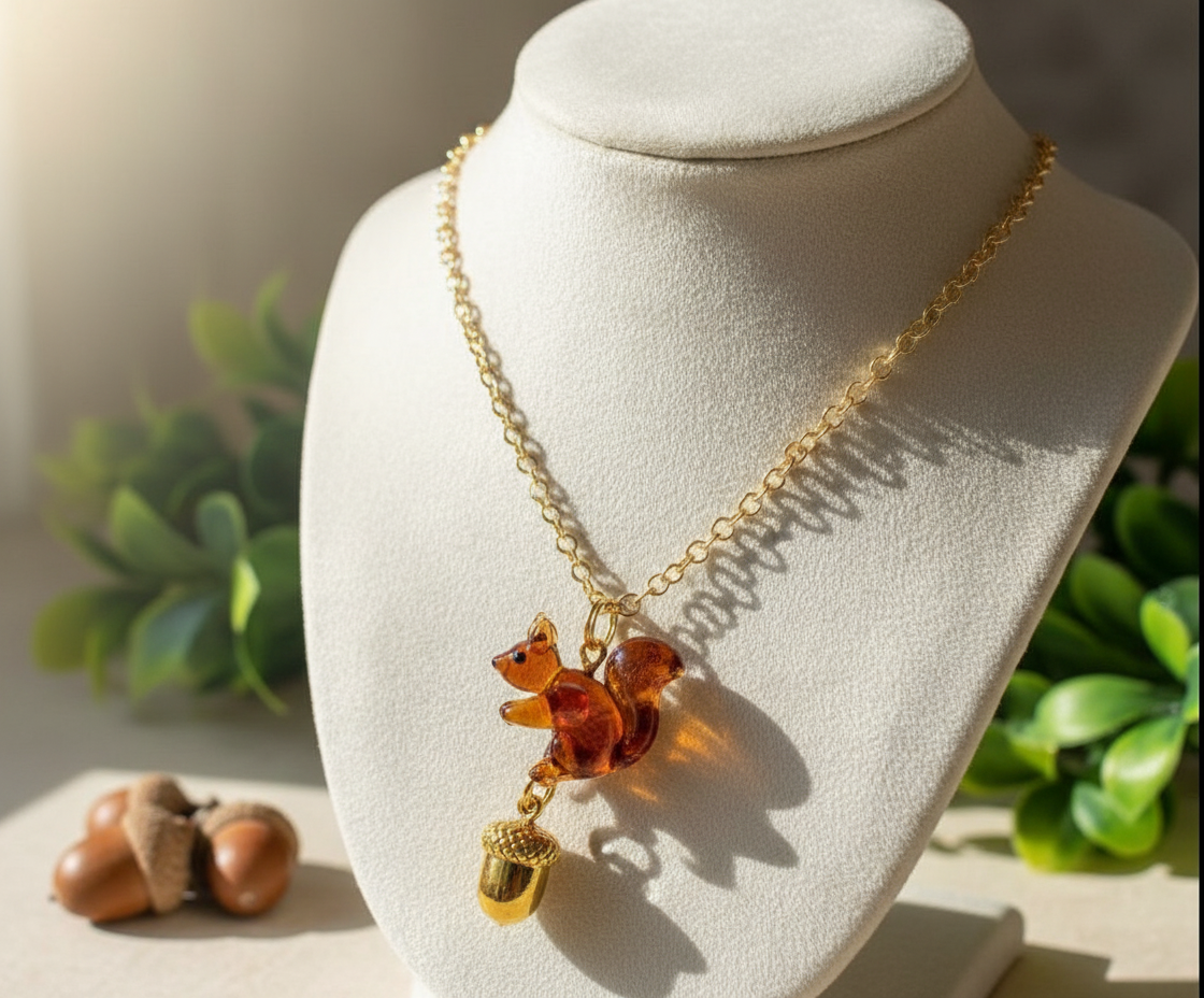Glass Squirrel and Acorn Necklace