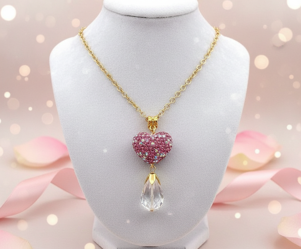 Sparkly Pink Rhinestone Heart Necklace