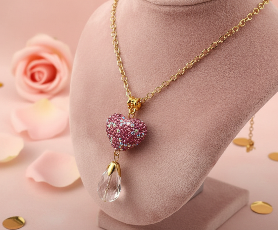 Sparkly Pink Rhinestone Heart Necklace