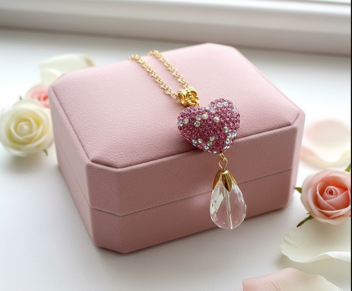 Sparkly Pink Rhinestone Heart Necklace