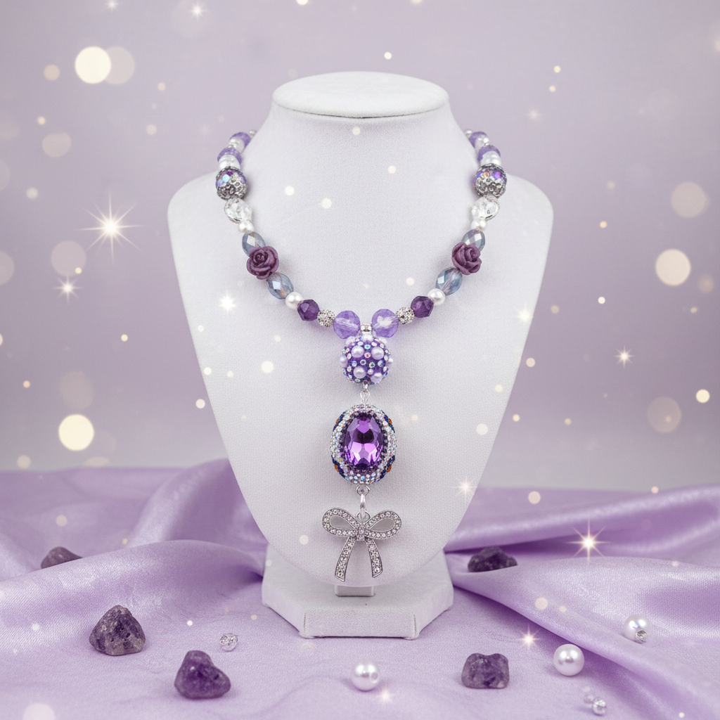 Sparkly Purple Beaded Necklace: Bow Pendant, Amethyst Gemstones