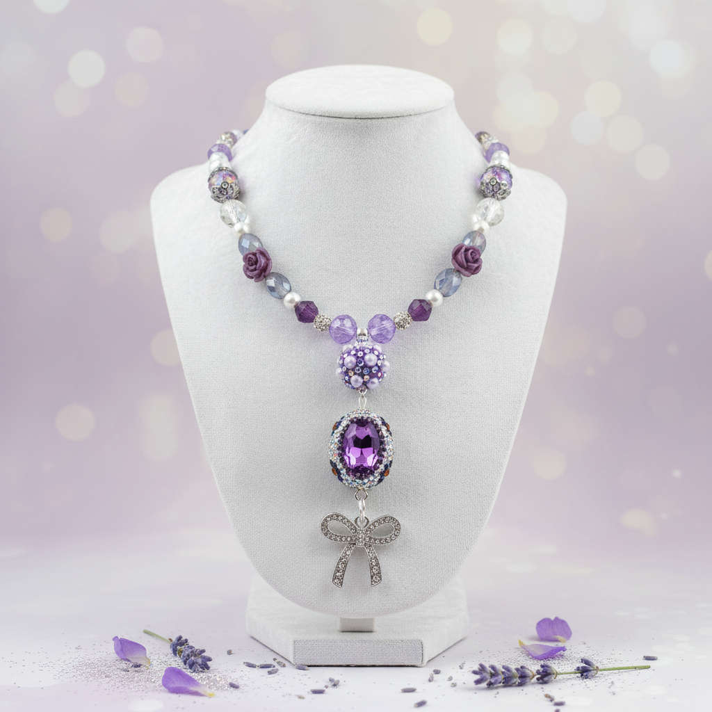 Sparkly Purple Beaded Necklace: Bow Pendant, Amethyst Gemstones