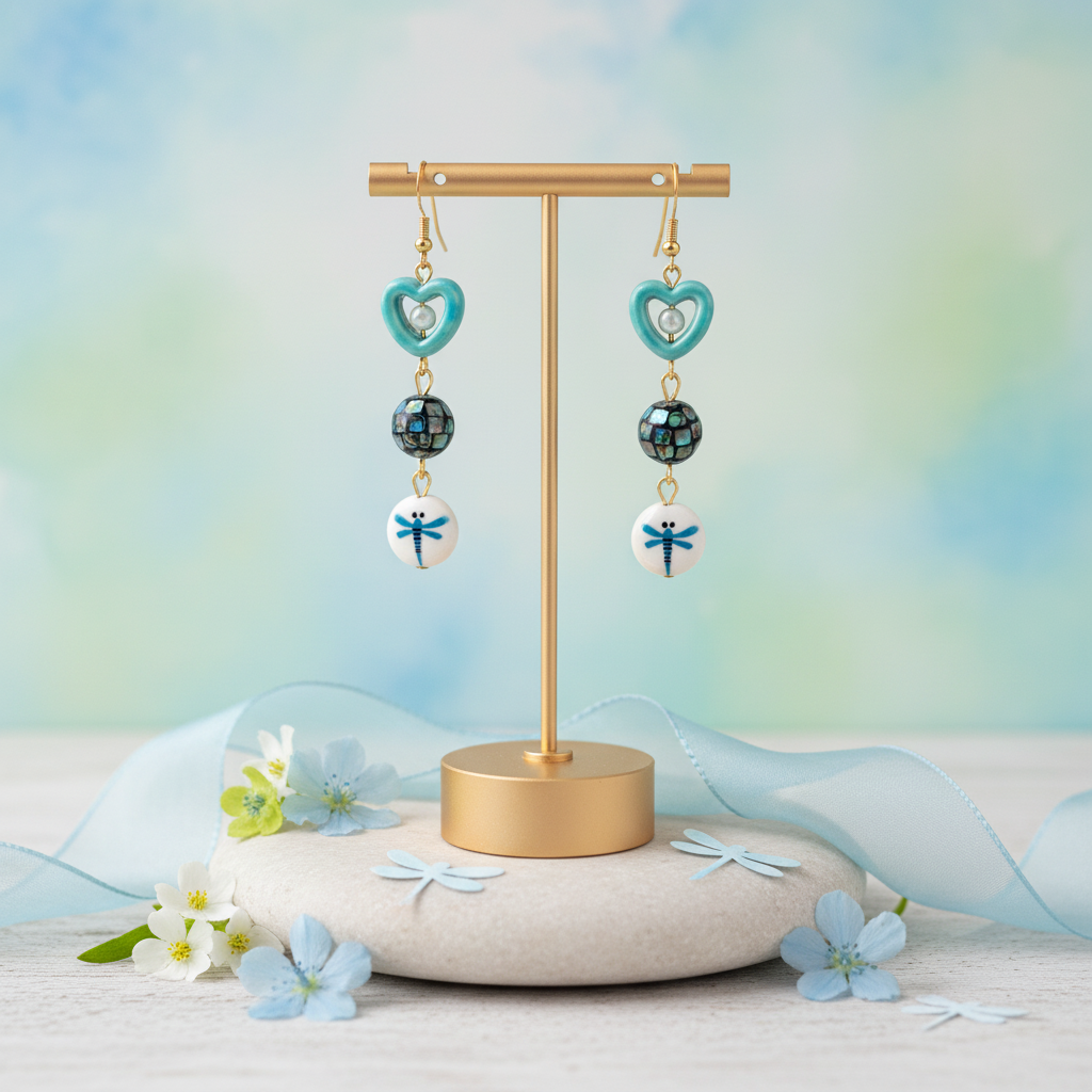 Abalone Heart Dragonfly Earrings: Gold Filled, Ceramic & Glass