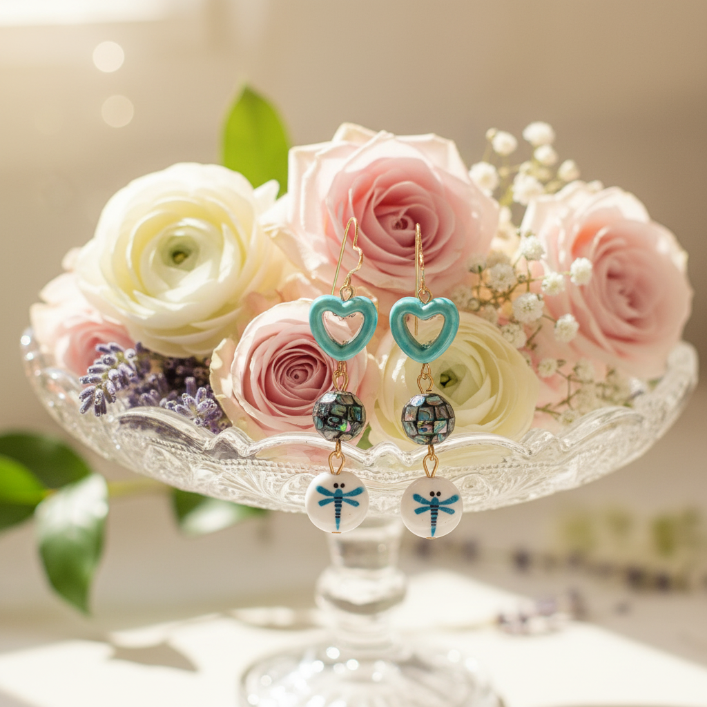 Abalone Heart Dragonfly Earrings: Gold Filled, Ceramic & Glass