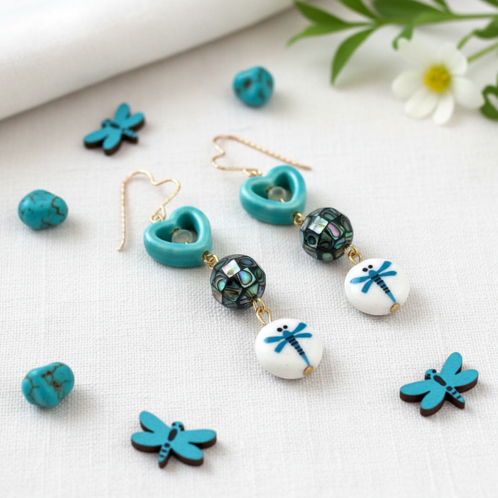 Abalone Heart Dragonfly Earrings: Gold Filled, Ceramic & Glass