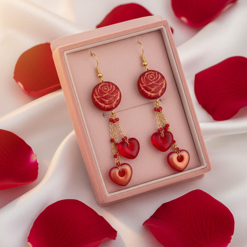 Red Rose Heart Earrings: Czech Glass, Gold Plated, Hypoallergenic