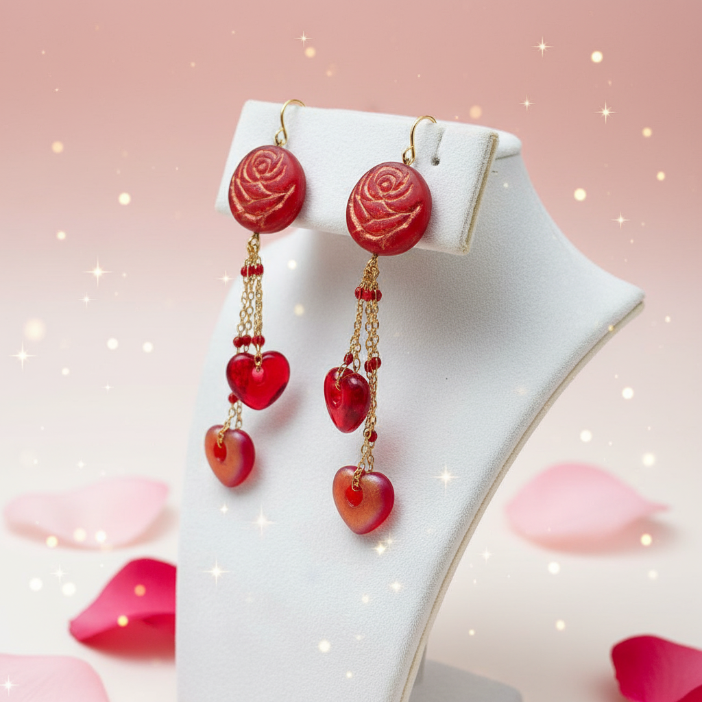 Red Rose Heart Earrings: Czech Glass, Gold Plated, Hypoallergenic