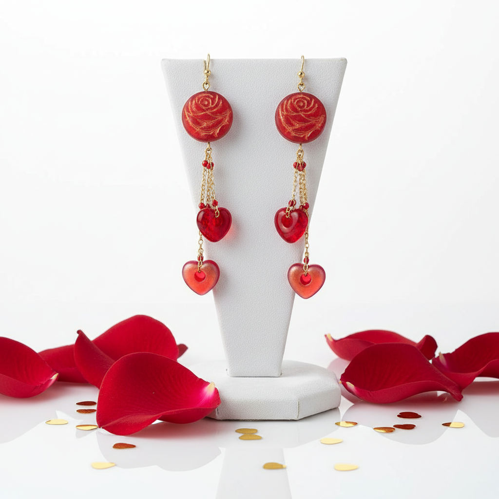Red Rose Heart Earrings: Czech Glass, Gold Plated, Hypoallergenic