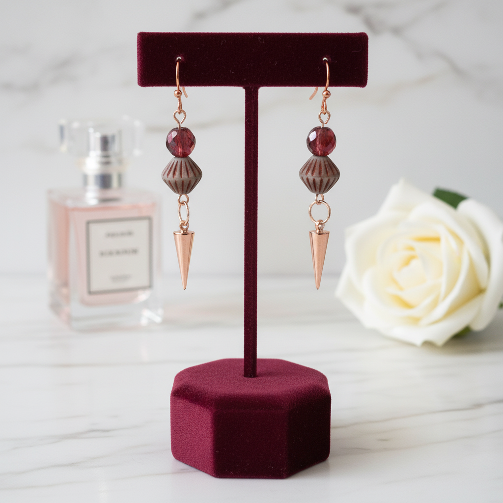 Rose Gold Spike Earrings: Czech Glass Beaded Punk Jewelry