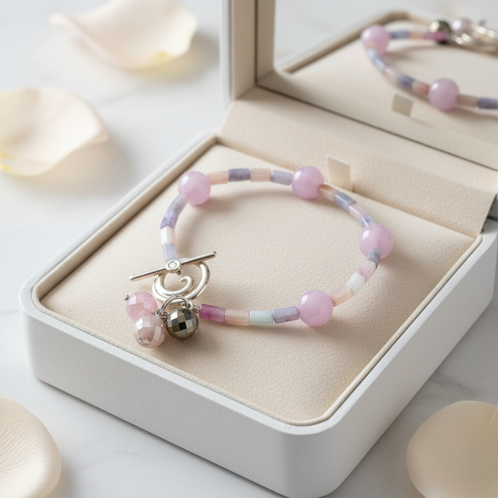 Pastel Beaded Bracelet: Sterling Silver Toggle, Lavender Quartz Dangles