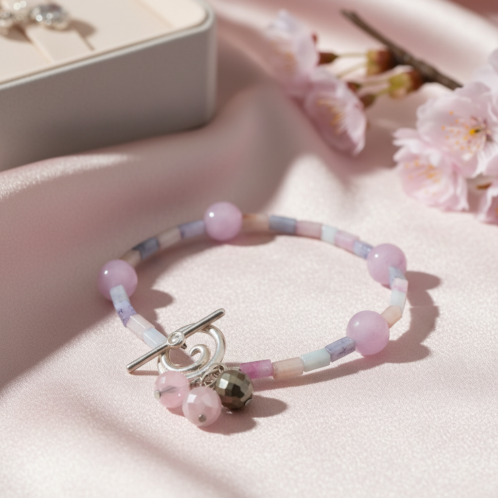 Pastel Beaded Bracelet: Sterling Silver Toggle, Lavender Quartz Dangles
