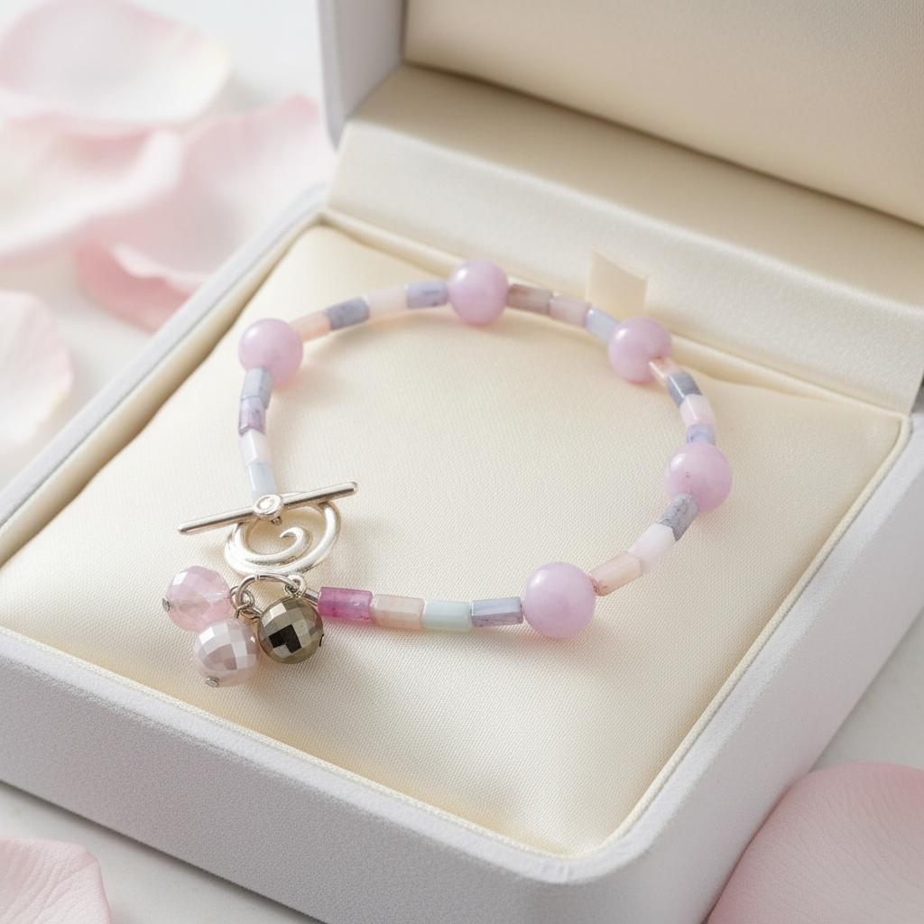 Pastel Beaded Bracelet: Sterling Silver Toggle, Lavender Quartz Dangles