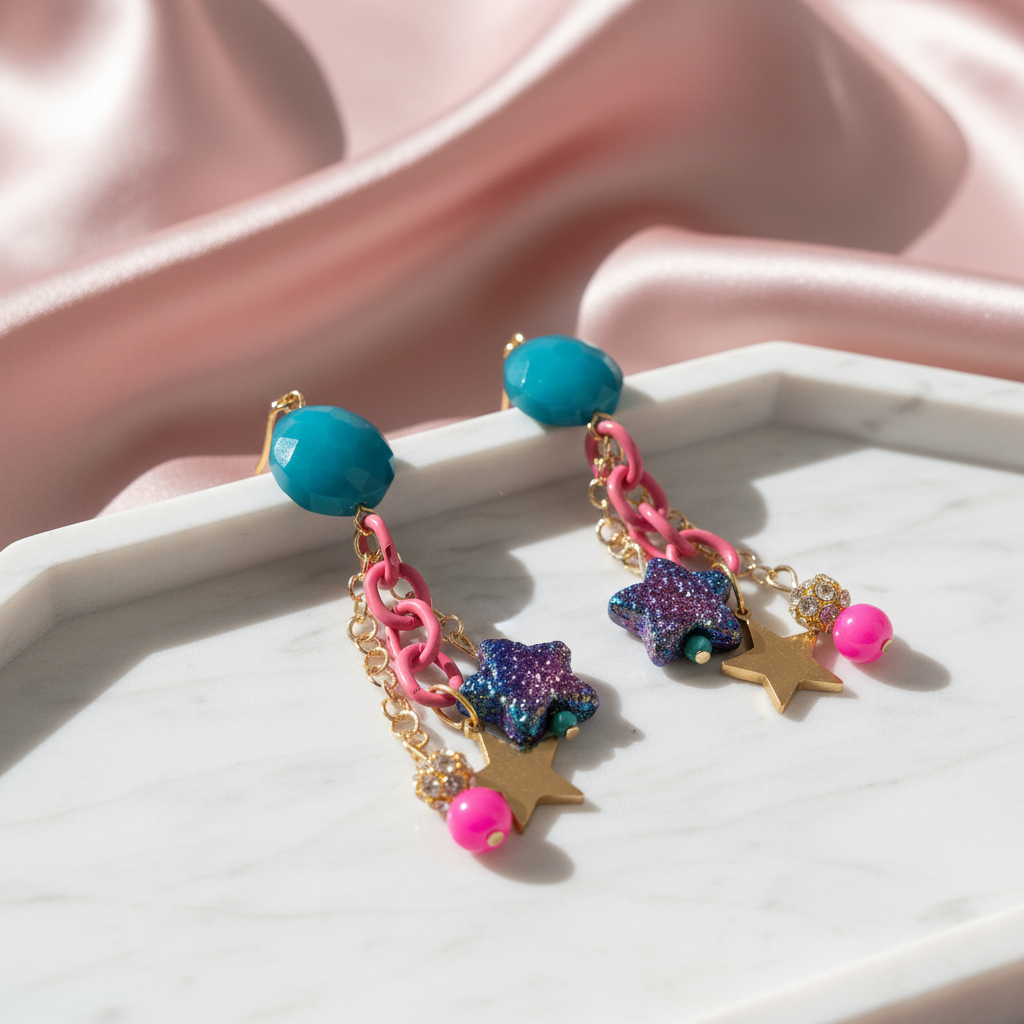 Celestial Star Earrings: Lava Stone, Quartz, Crystal, Gold Plated