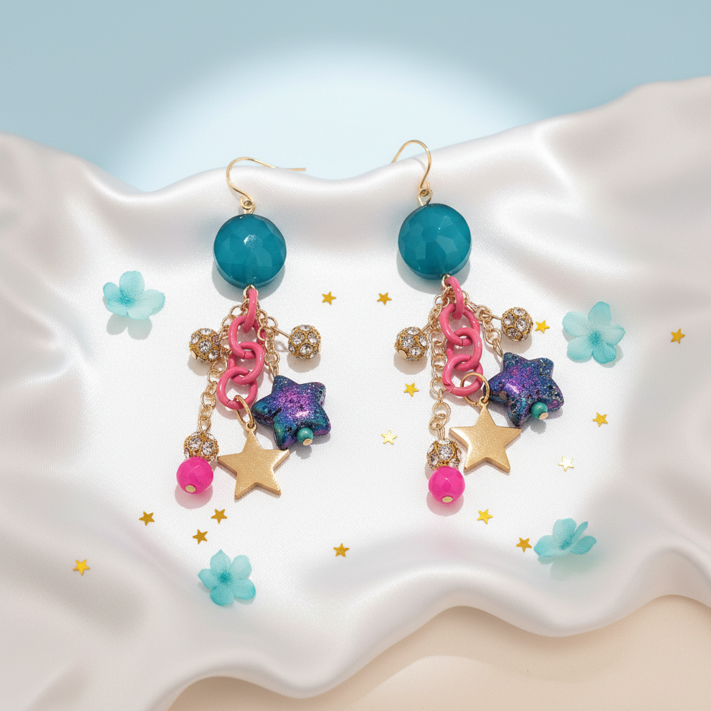 Celestial Star Earrings: Lava Stone, Quartz, Crystal, Gold Plated