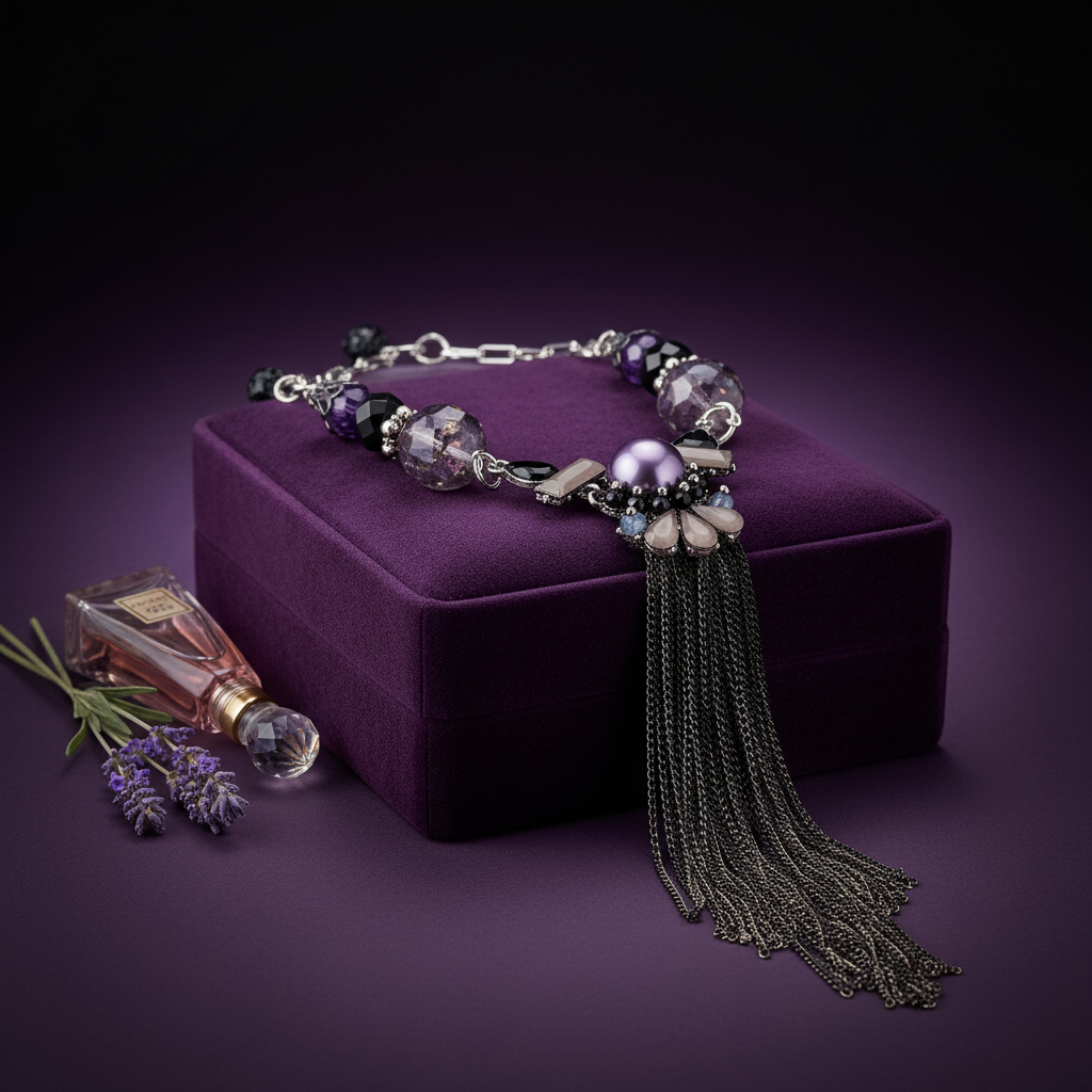 Purple Tassel Necklace: Glass Crystal, Imperial Jasper, Silver Plated Chain