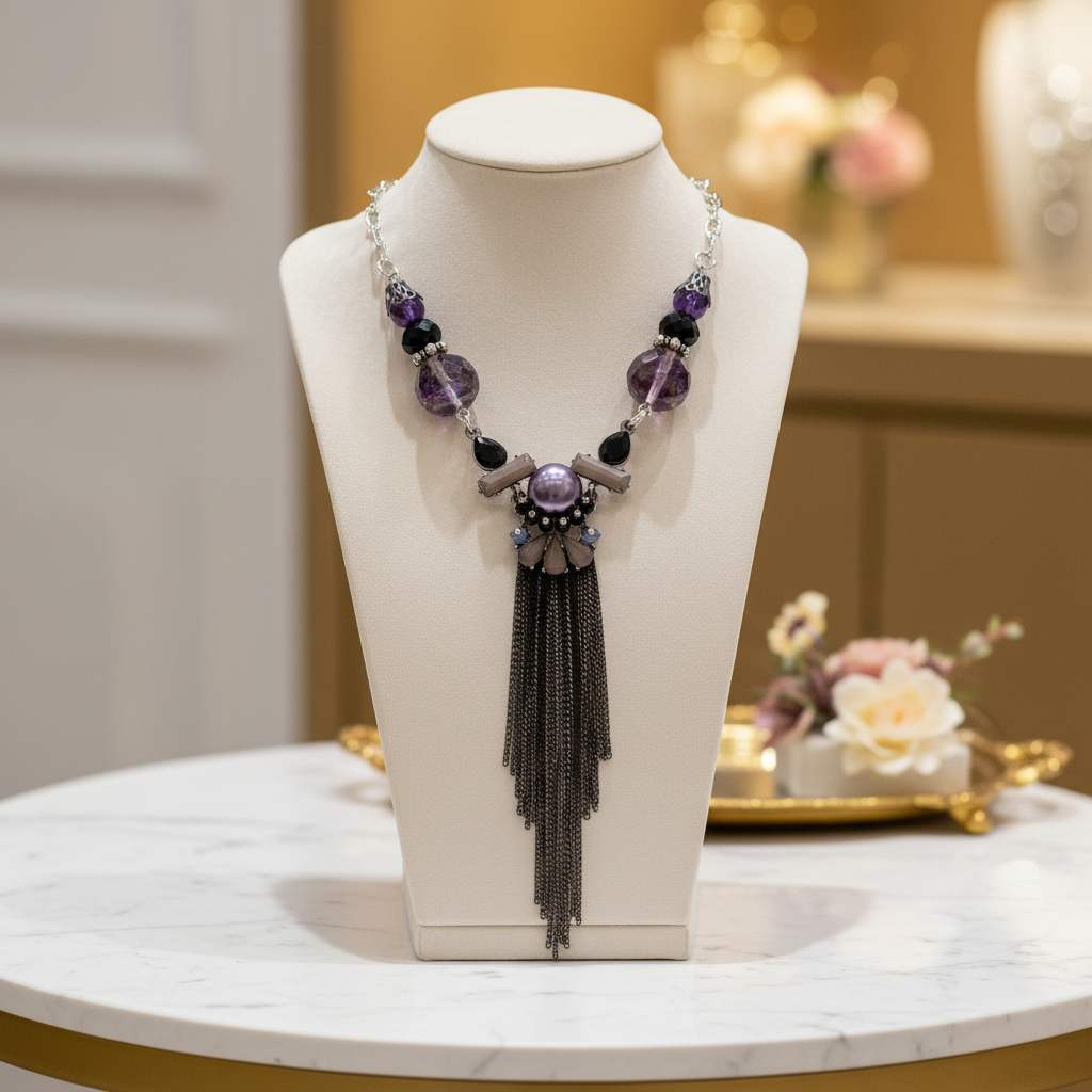 Purple Tassel Necklace: Glass Crystal, Imperial Jasper, Silver Plated Chain