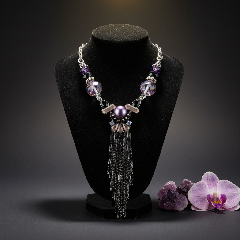 Purple Tassel Necklace: Glass Crystal, Imperial Jasper, Silver Plated Chain