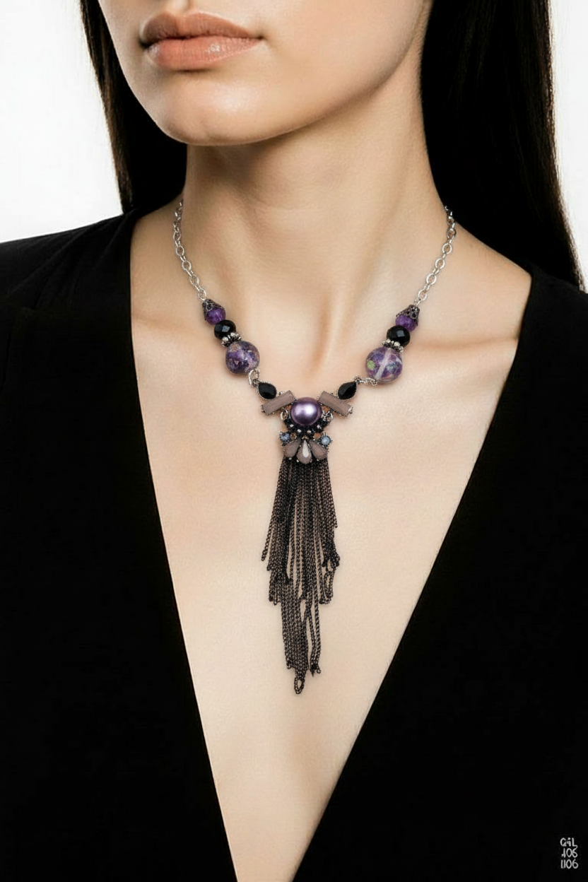 Purple Tassel Necklace: Glass Crystal, Imperial Jasper, Silver Plated Chain