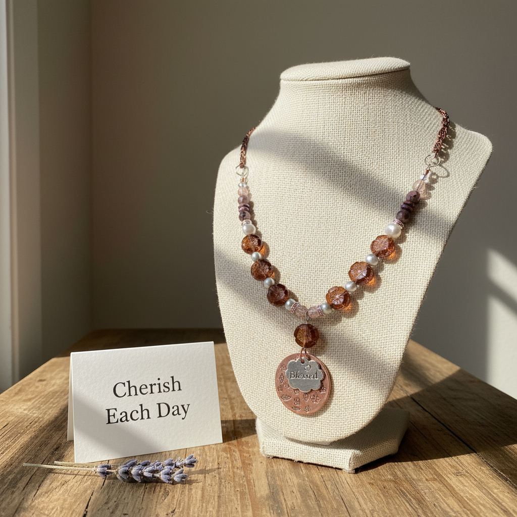 Blessed Fall Pendant Beaded Necklace: OOAK Thanksgiving Jewelry, Copper, Pearls and Czech Glass