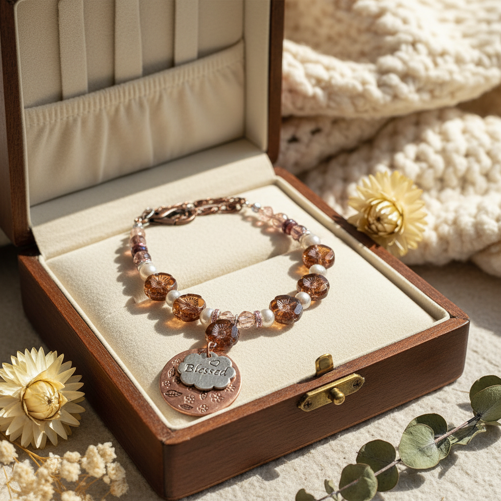 Blessed Fall Pendant Beaded Necklace: OOAK Thanksgiving Jewelry, Copper, Pearls and Czech Glass