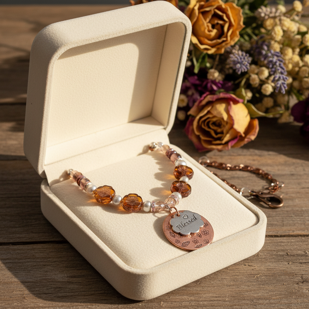 Blessed Fall Pendant Beaded Necklace: OOAK Thanksgiving Jewelry, Copper, Pearls and Czech Glass