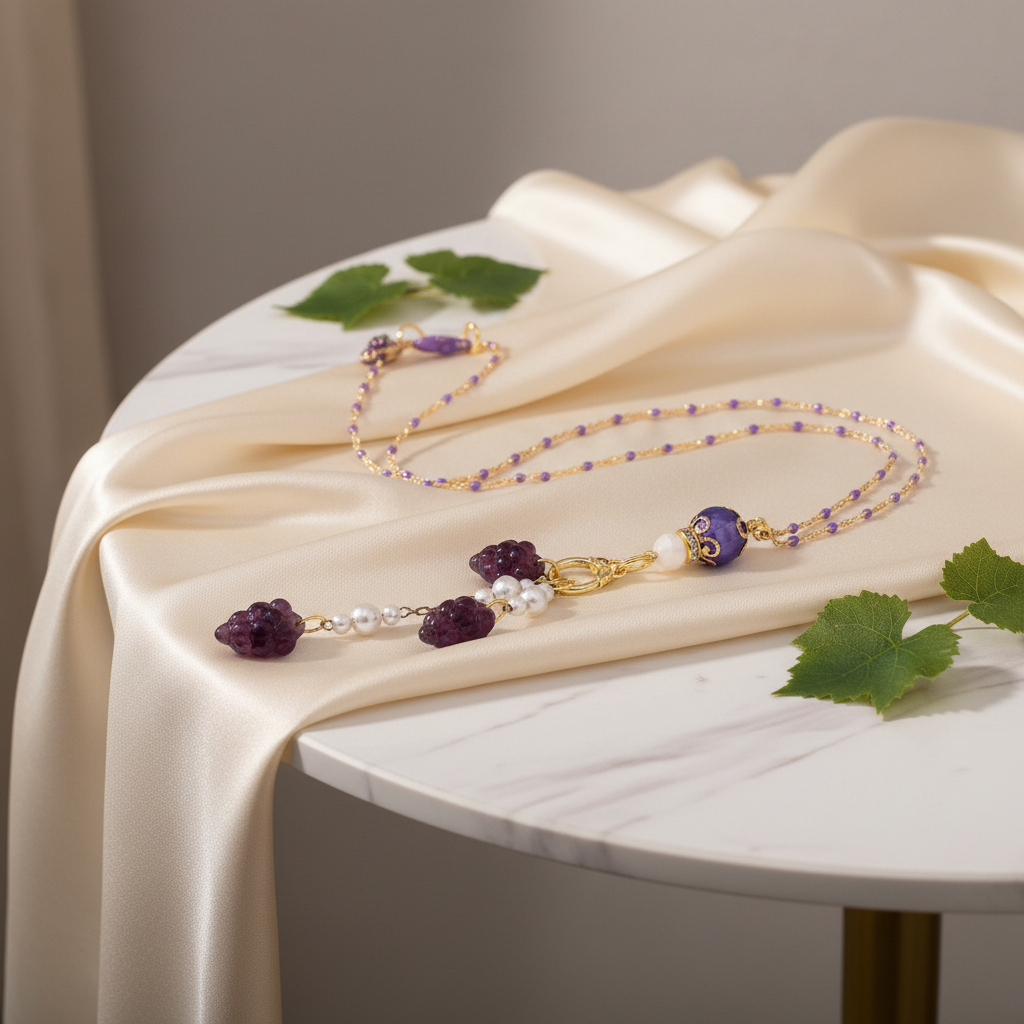 Czech Glass Grape Pendant Necklace: Faux Pearl Chain, Purple Enamel Clasp