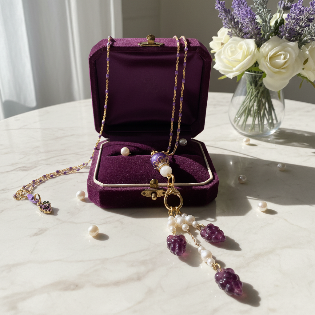 Czech Glass Grape Pendant Necklace: Faux Pearl Chain, Purple Enamel Clasp