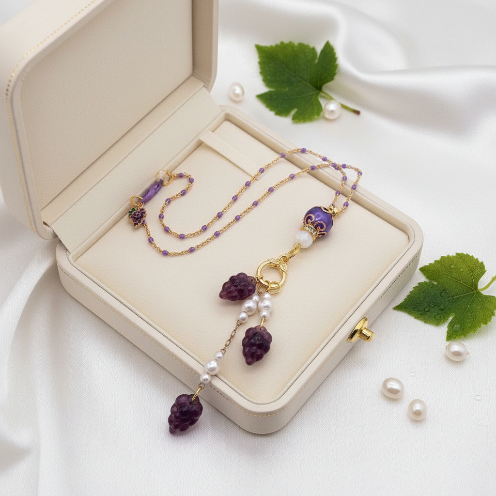 Czech Glass Grape Pendant Necklace: Faux Pearl Chain, Purple Enamel Clasp