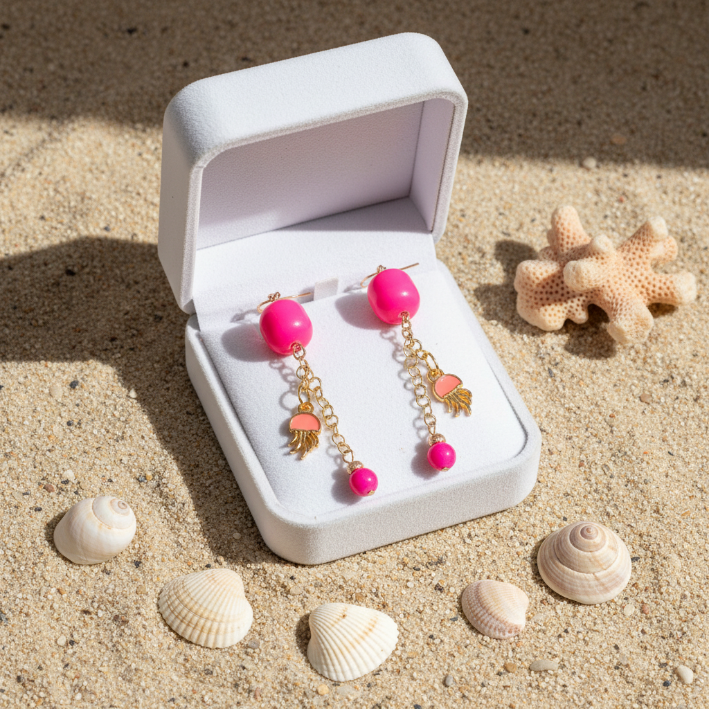 Hot Pink Jellyfish Earrings: Gold Plated, Neon Glass and Quartz