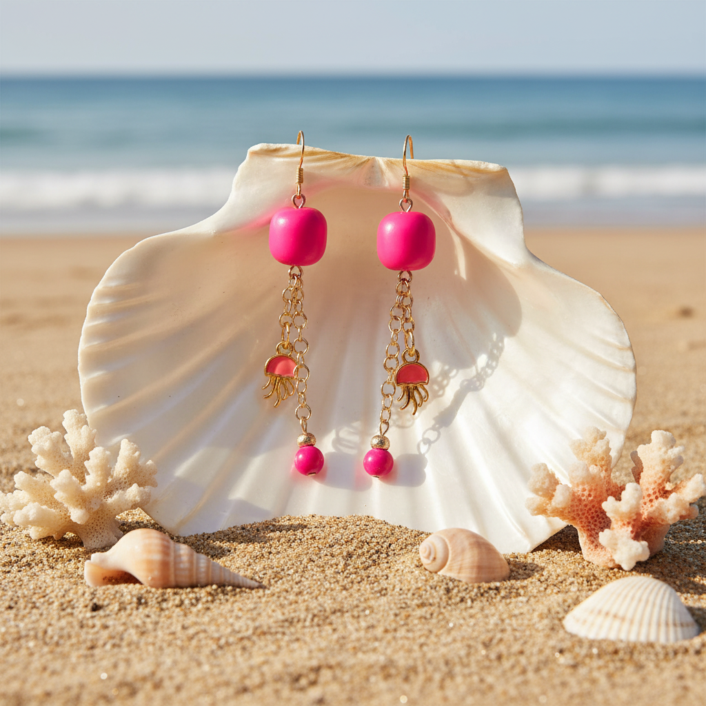 Hot Pink Jellyfish Earrings: Gold Plated, Neon Glass and Quartz