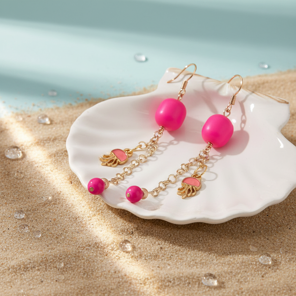 Hot Pink Jellyfish Earrings: Gold Plated, Neon Glass and Quartz
