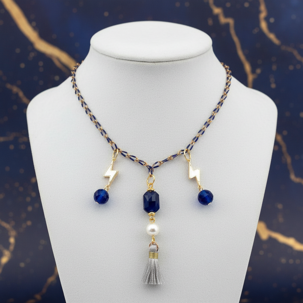 Lightning Bolt Tassel Necklace: Shell Charm, Blue Enamel Chain