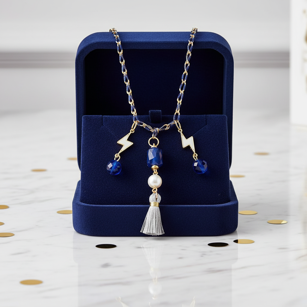 Lightning Bolt Tassel Necklace: Shell Charm, Blue Enamel Chain