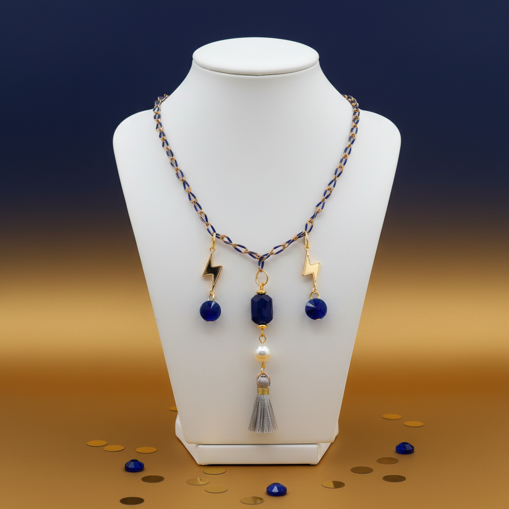 Lightning Bolt Tassel Necklace: Shell Charm, Blue Enamel Chain