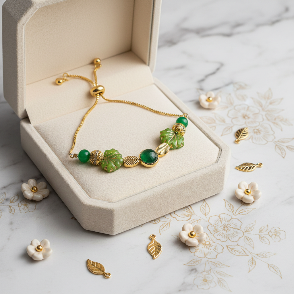 Adjustable Gold Plated Leaf Bolo Bracelet with Jade